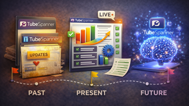 Illustration showing a three-part timeline of TubeSpanner’s evolution: a vintage “updates” folder representing the past, a modern dashboard with charts and checklists for the present, and a futuristic glowing cyber-style brain with the TubeSpanner logo for the future, connected by a dotted path from past to future.