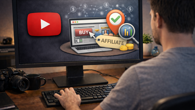 Man seated at a wooden desk viewed from behind, looking at a monitor displaying affiliate sales tracking concepts, including a buy button, affiliate tag, analytics charts, location pin with check mark, magnifying glass, and stacked coins in a softly lit home office.