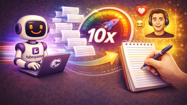 Illustration showing the TubeSpanner “Spanners” robot typing on a laptop while pages of script flow toward a notepad where a hand is writing, with a glowing speed gauge and upward arrow symbolising faster YouTube scriptwriting while keeping the creator’s personality.