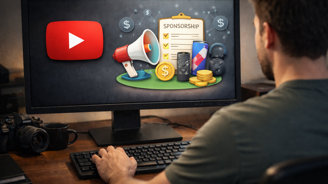 Man seated at a desk viewed from behind, looking at a computer monitor displaying YouTube sponsorship concepts, including a megaphone, sponsorship checklist, product items, stacked coins, and dollar icons in a softly lit home office.