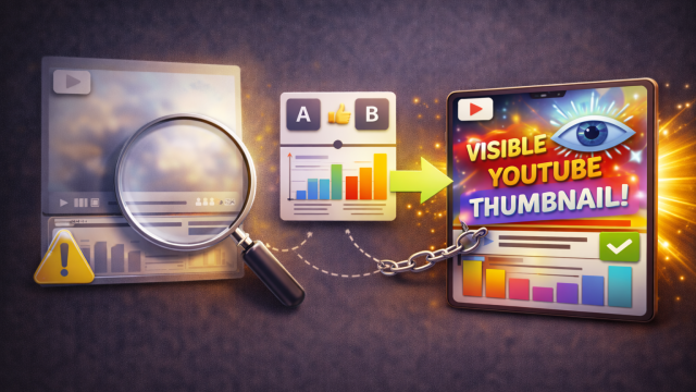 Illustration showing a blurred YouTube thumbnail being inspected with a magnifying glass, an A/B testing panel with performance charts in the center, and a bright, eye-catching thumbnail on the right with an eye icon and check mark, representing testing thumbnail visibility before publishing.