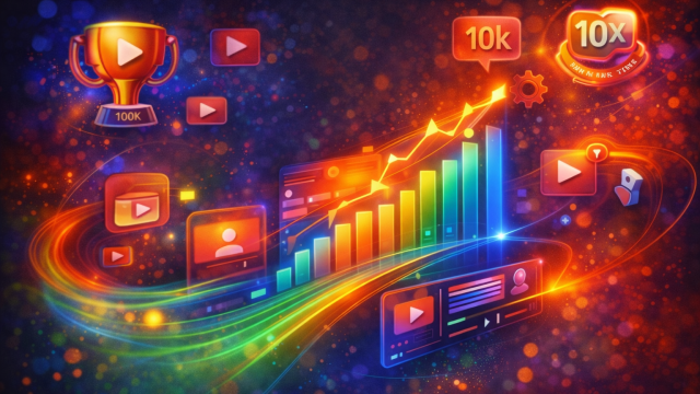 Abstract neon heat-map style illustration showing glowing analytics charts, milestone icons, and flowing data streams representing YouTube channel growth and creator achievements.