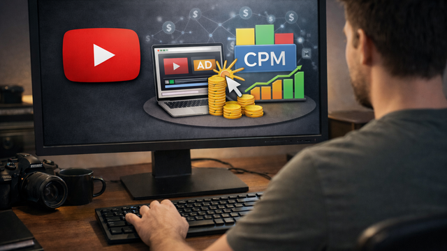 Man seated at a wooden desk viewed from behind, looking at a monitor displaying YouTube ad revenue concepts, including an ad play button, CPM label, stacked coins, and upward-trending charts in a softly lit home office.